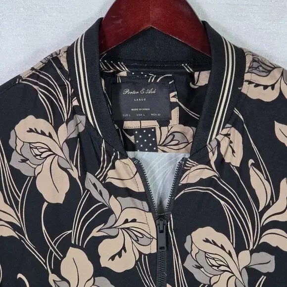 Porter & Ash Floral Bomber Jacket Black Tan Hibiscus FullZip Inner Pockets Large - Picture 4 of 14
